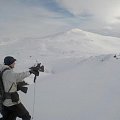 Scandinavian alpine mountain, hunting with pointing dogs on skies.